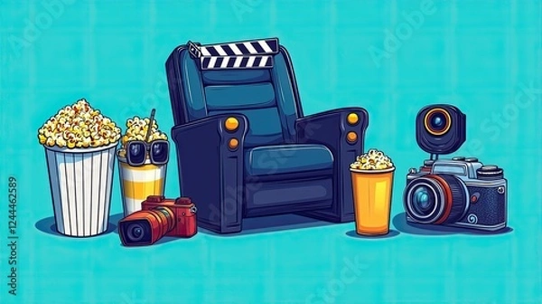 Obraz A vibrant illustration of a cozy movie setup featuring popcorn, drinks, and cameras