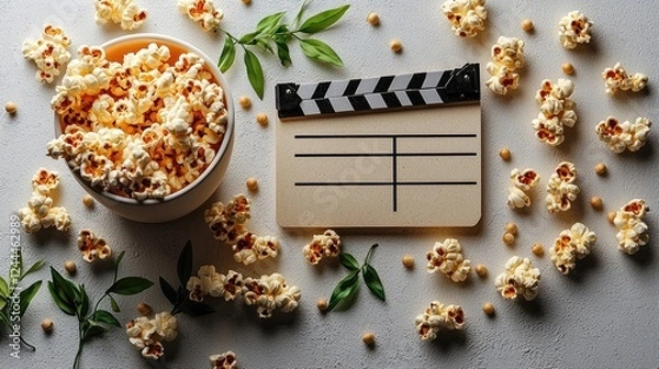 Obraz Bowl of popcorn with clapperboard on a textured surface, ideal for movie night themes