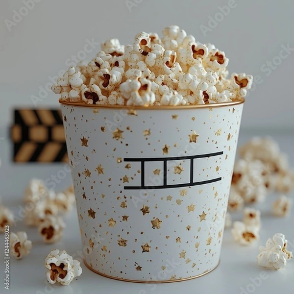 Obraz A decorative popcorn bucket filled with popcorn, surrounded by scattered kernels, ideal for movie nights