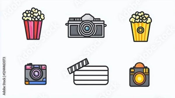 Obraz Colorful icons representing popcorn, cameras, and film clapperboard for entertainment
