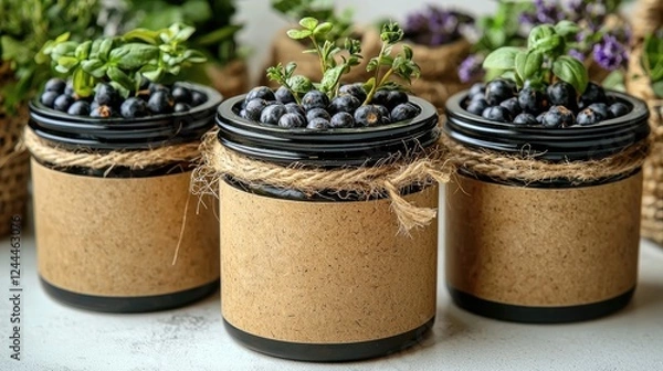 Obraz Fresh herbs and blueberries arranged in decorative jars on a kitchen counter
