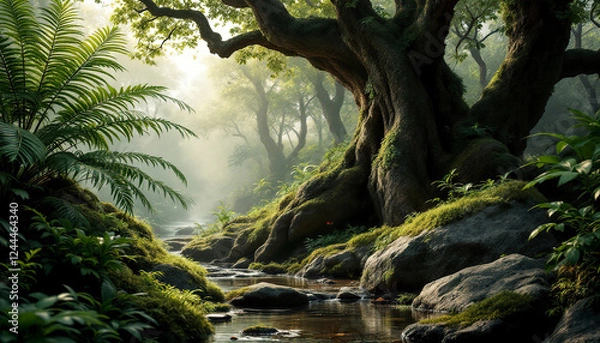 Fototapeta Serene Forest Stream Landscape with Ancient Tree