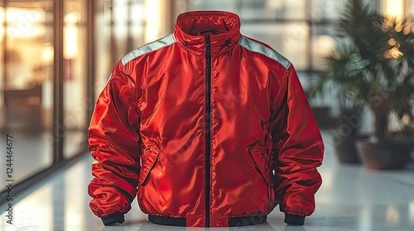 Obraz Vibrant red jacket displayed in a modern indoor setting with soft lighting