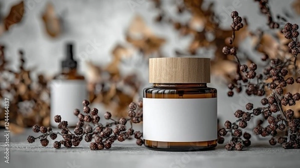 Obraz Elegant glass jars surrounded by autumn leaves and berries on a textured surface