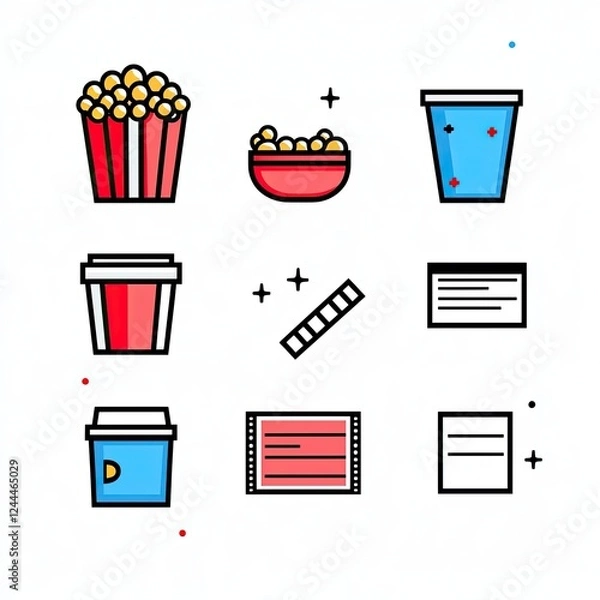 Obraz Colorful illustration of snacks and drinks for a movie night, featuring popcorn, cups, and tickets