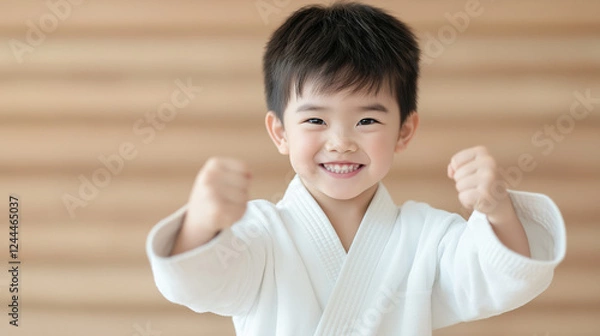 Fototapeta Smiling asian boy in karate gi showing joyful expression with raised fists.