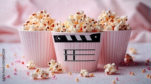 Fototapeta Three striped popcorn cups filled with popcorn on a pink background with scattered snacks