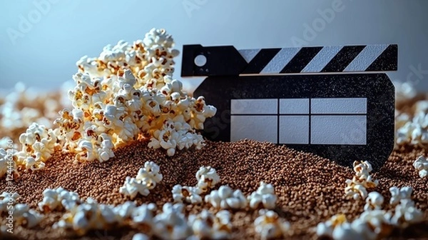 Obraz Popcorn scattered around a film clapperboard on a textured surface, evoking cinema vibes