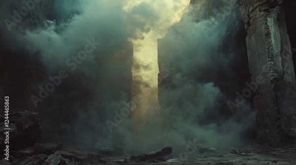 Fototapeta Thick smoke billowing outward, leaving a central open space--ideal for a spooky Halloween background or eerie fog effect