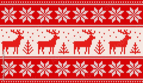 Fototapeta Seamless knitting pattern with deers and nordic stars