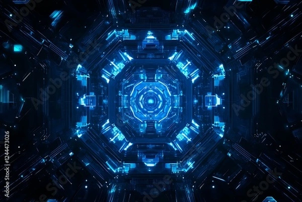 Fototapeta Abstract close-up of a glowing blue digital circuit board, showcasing intricate connections and technological design on a black background.
