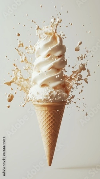 Fototapeta Dynamic splash of soft serve ice cream cone with creamy swirl and liquid burst