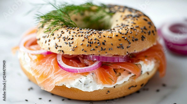 Fototapeta Classic bagel topped with smoked salmon, fresh dill, and sesame seeds, plated on a rustic ceramic dish, gourmet breakfast presentation with vibrant flavors