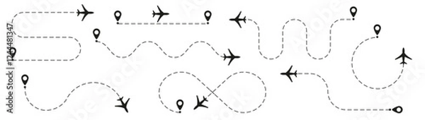 Obraz Flight path designs illustrating airplane tracking routes with dynamic dotted lines for travel maps and aviation concepts PNG