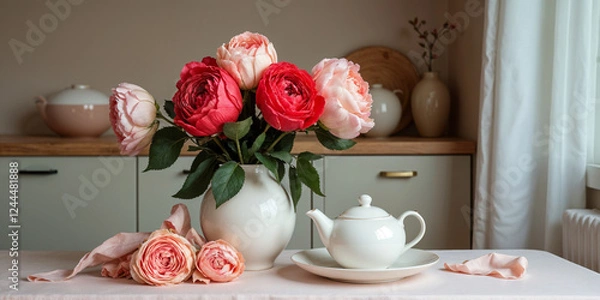 Fototapeta A still life featuring a bouquet of pink and red roses in a white vase, alongside a white teapot and saucer on a pink tablecloth. Pastel kitchen setting.
