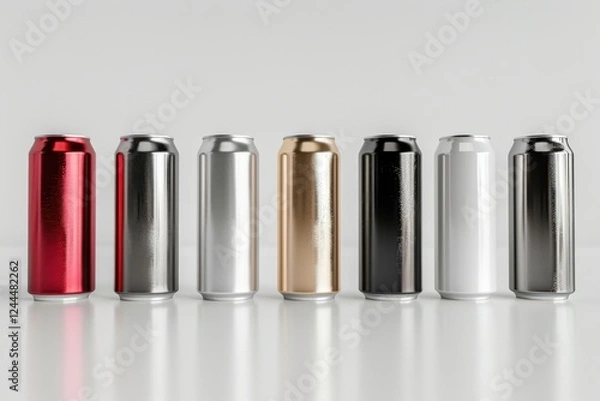 Fototapeta High-quality 3D render of aluminum slim cans in silver, white, black, and red, arranged on an isolated white background, perfect for beer can mockup templates