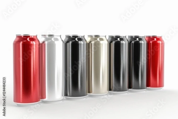 Fototapeta High-quality 3D render of aluminum slim cans in silver, white, black, and red, arranged on an isolated white background, perfect for beer can mockup templates