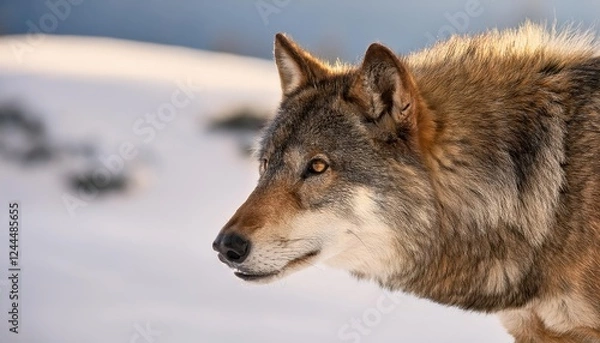 Fototapeta Intense Encounter A Brown Wolf Gazes Intently in Banff National Parks Winter Wonderland, Framed Against a Backdrop of SnowCapped Peaks