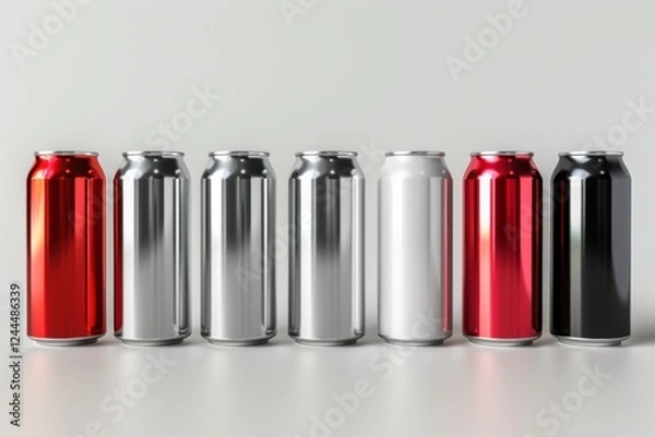 Fototapeta High-quality 3D render of aluminum slim cans in silver, white, black, and red, arranged on an isolated white background, perfect for beer can mockup templates