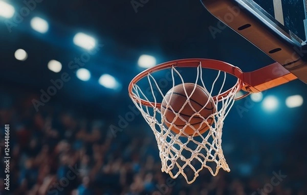 Fototapeta Close-up of Basketball Going Through Net in Arena, Cheering Fans in Background