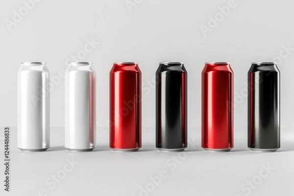 Fototapeta High-quality 3D render of aluminum slim cans in silver, white, black, and red, arranged on an isolated white background, perfect for beer can mockup templates
