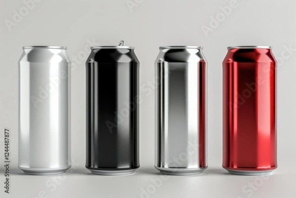Fototapeta High-quality 3D render of aluminum slim cans in silver, white, black, and red, arranged on an isolated white background, perfect for beer can mockup templates