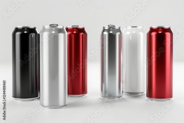 Fototapeta High-quality 3D render of aluminum slim cans in silver, white, black, and red, arranged on an isolated white background, perfect for beer can mockup templates