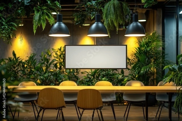 Fototapeta Modern conference room with wooden table, greenery and blank presentation screen