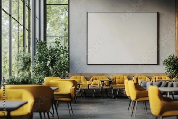 Fototapeta Stylish lounge area with modern furniture, large windows, and blank presentation screen on wall