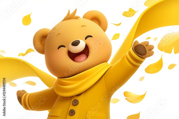 Fototapeta Happy bear in yellow scarf and coat isolated on white background with yellow autumn leaves