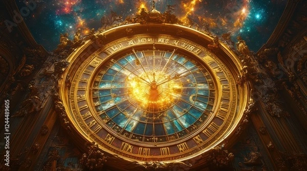 Fototapeta An ornate clock features golden details and luminous colors, radiating warmth against a mesmerizing cosmic backdrop filled with stars and galaxies