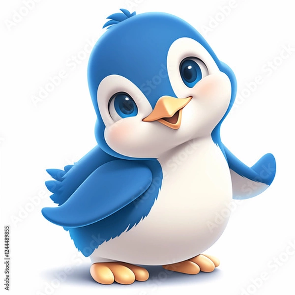 Fototapeta Smiling blue penguin isolated on white, 3d illustration