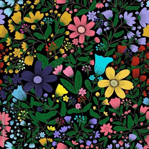 Fototapeta A seamless floral pattern with colorful flowers and green leaves on a black background. This vibrant and lively design is ideal for fabric prints, wallpapers, gift wrapping, and digital projects.