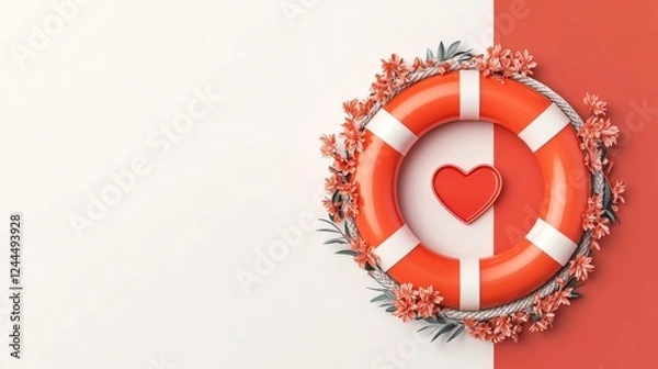 Fototapeta A vibrant life preserver with a heart design surrounded by colorful flowers, symbolizing love and safety, ideal for creative and comforting visuals.
