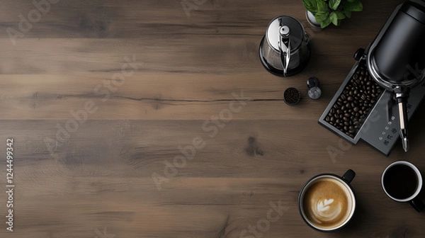 Fototapeta Overhead scene of a modern coffee shop counter with a French press, a steaming espresso cup, coffee grinders, and a manual espresso machine on a rustic wooden surface.