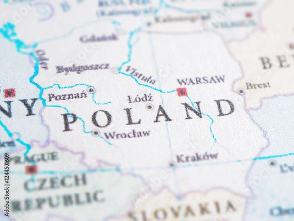 Fototapeta Poland highlighted on world map. Shows European location, maps, geography, country borders, and global context.