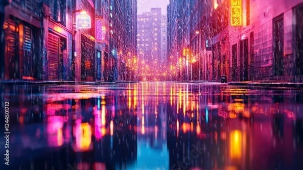Fototapeta A vibrant city street scene at night, reflecting colorful lights on wet pavement after rain, creating a captivating urban atmosphere.