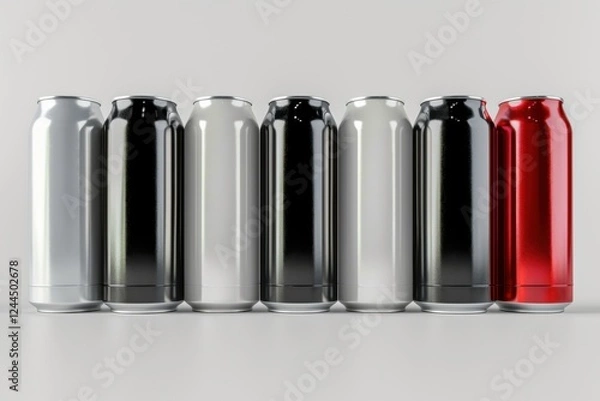Fototapeta High-quality 3D render of aluminum slim cans in silver, white, black, and red, arranged on an isolated white background, perfect for beer can mockup templates