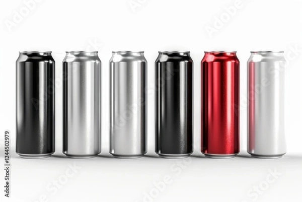 Fototapeta High-quality 3D render of aluminum slim cans in silver, white, black, and red, arranged on an isolated white background, perfect for beer can mockup templates