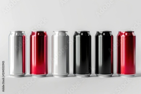 Fototapeta High-quality 3D render of aluminum slim cans in silver, white, black, and red, arranged on an isolated white background, perfect for beer can mockup templates