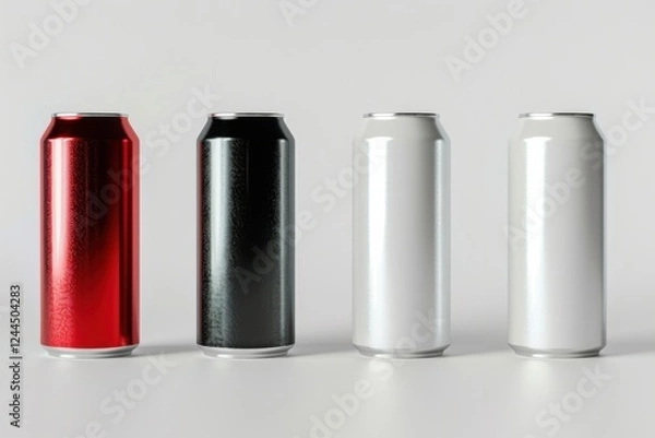 Fototapeta High-quality 3D render of aluminum slim cans in silver, white, black, and red, arranged on an isolated white background, perfect for beer can mockup templates