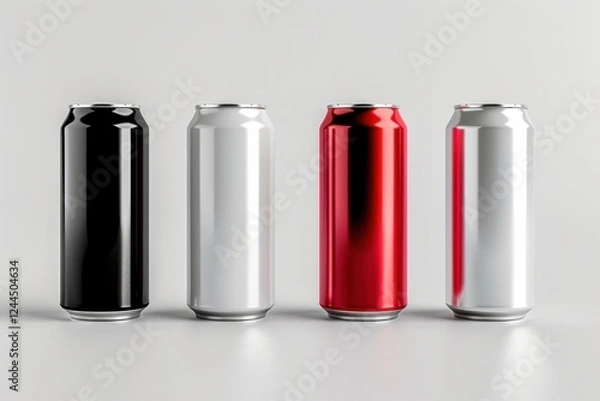 Fototapeta High-quality 3D render of aluminum slim cans in silver, white, black, and red, arranged on an isolated white background, perfect for beer can mockup templates