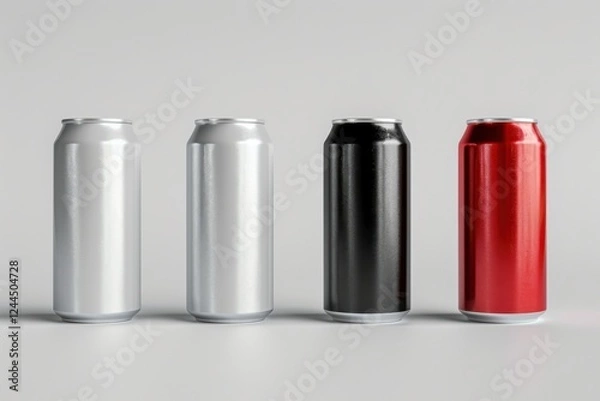 Fototapeta High-quality 3D render of aluminum slim cans in silver, white, black, and red, arranged on an isolated white background, perfect for beer can mockup templates
