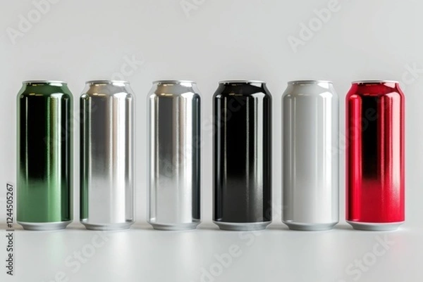 Fototapeta High-quality 3D render of aluminum slim cans in silver, white, black, and red, arranged on an isolated white background, perfect for beer can mockup templates