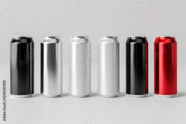 Fototapeta High-quality 3D render of aluminum slim cans in silver, white, black, and red, arranged on an isolated white background, perfect for beer can mockup templates