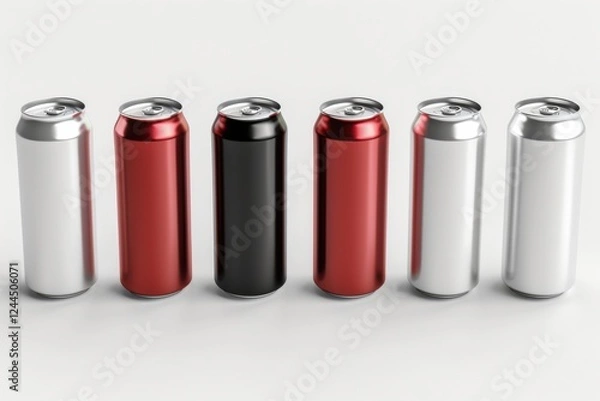 Fototapeta High-quality 3D render of aluminum slim cans in silver, white, black, and red, arranged on an isolated white background, perfect for beer can mockup templates