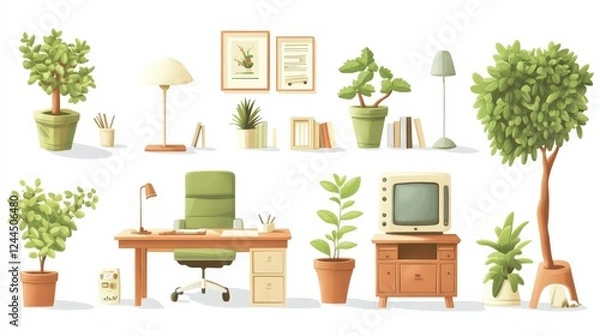 Fototapeta Cozy workspace with plants, desk, and decorative items in a bright, inviting room