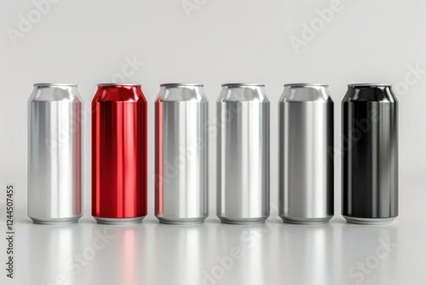 Fototapeta High-quality 3D render of aluminum slim cans in silver, white, black, and red, arranged on an isolated white background, perfect for beer can mockup templates