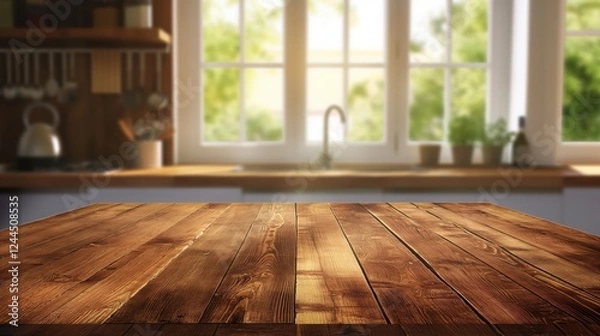 Fototapeta Wooden table in country kitchen with blurred background. Wood rustic counter for product display, showcasing bright and clean interior design, ideal for cooking and home lifestyle