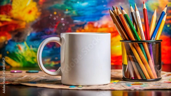 Fototapeta Blank Mug Mockup with Colorful Pencils and Artistic Background